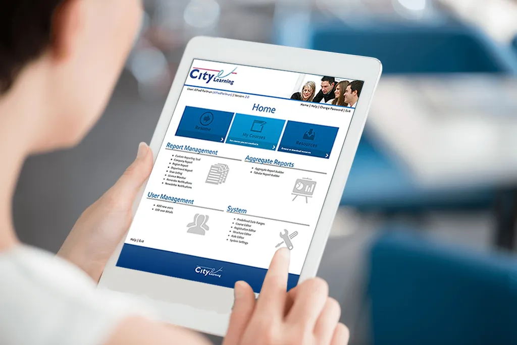 A compliance manager reviewing the CityREPORTS dashboard on a tablet